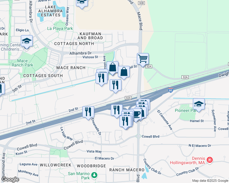 map of restaurants, bars, coffee shops, grocery stores, and more near County Road 32A in Davis
