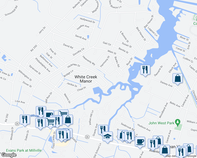 map of restaurants, bars, coffee shops, grocery stores, and more near 232 Chad Place in Ocean View