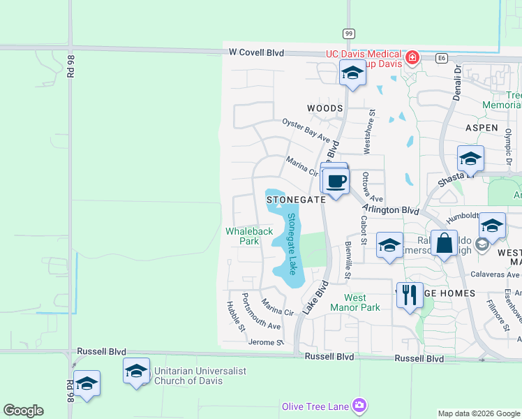 map of restaurants, bars, coffee shops, grocery stores, and more near 3122 Beacon Bay Place in Davis