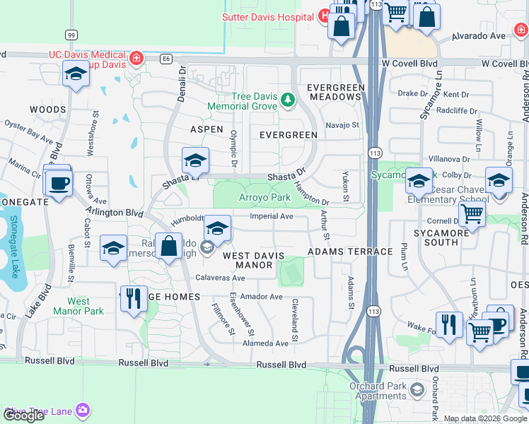 map of restaurants, bars, coffee shops, grocery stores, and more near 1912 Imperial Avenue in Davis