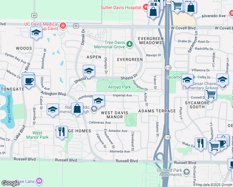 map of restaurants, bars, coffee shops, grocery stores, and more near 1909 Humboldt Avenue in Davis