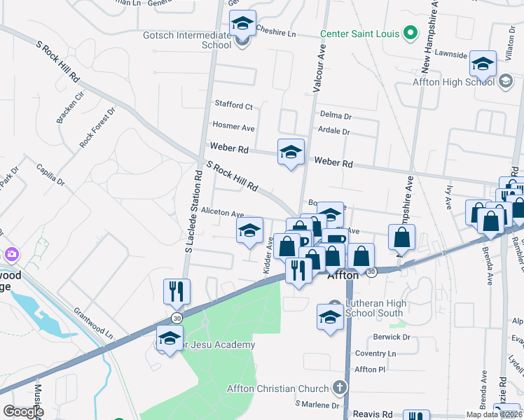 map of restaurants, bars, coffee shops, grocery stores, and more near 7000 Aliceton Avenue in Affton