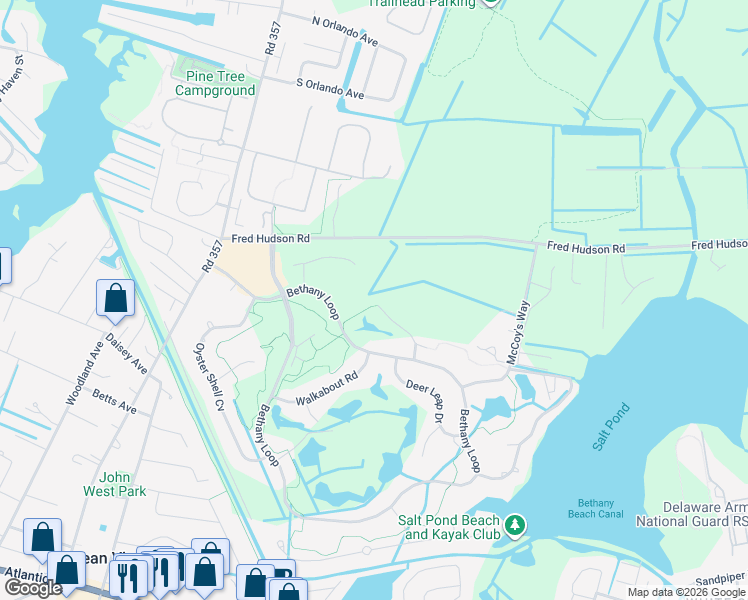 map of restaurants, bars, coffee shops, grocery stores, and more near 727 Foxtail Drive in Bethany Beach