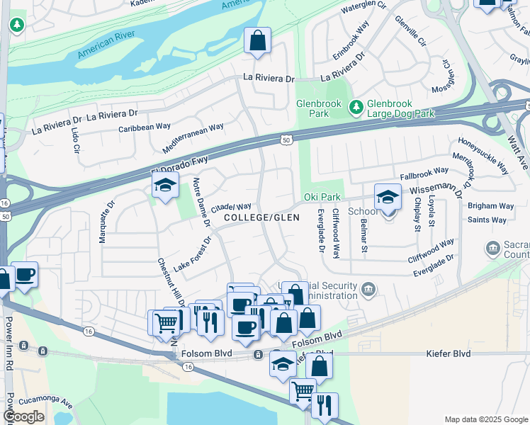 map of restaurants, bars, coffee shops, grocery stores, and more near 2817 Occidental Drive in Sacramento