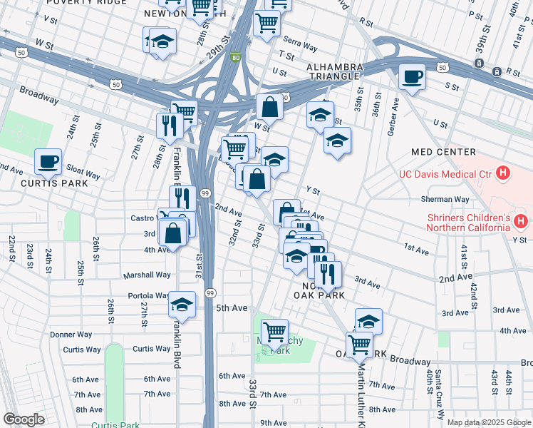map of restaurants, bars, coffee shops, grocery stores, and more near Broadway & 33rd Street in Sacramento