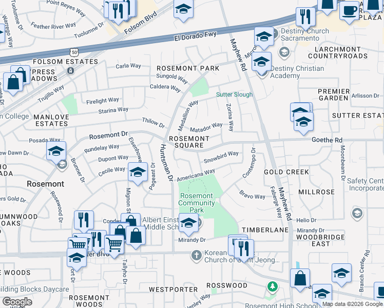 map of restaurants, bars, coffee shops, grocery stores, and more near 9279 Medallion Way in Sacramento