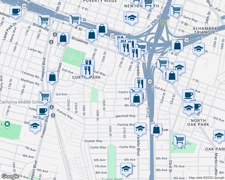 map of restaurants, bars, coffee shops, grocery stores, and more near 2701 2nd Avenue in Sacramento