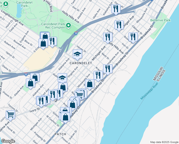 map of restaurants, bars, coffee shops, grocery stores, and more near 6800-6816 Michigan Avenue in St. Louis