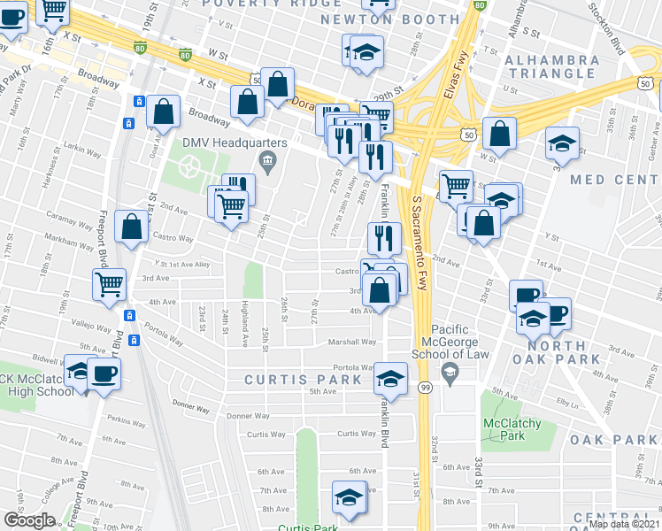 map of restaurants, bars, coffee shops, grocery stores, and more near 2721 Castro Way in Sacramento