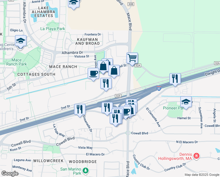 map of restaurants, bars, coffee shops, grocery stores, and more near 4602 2nd Street in Davis