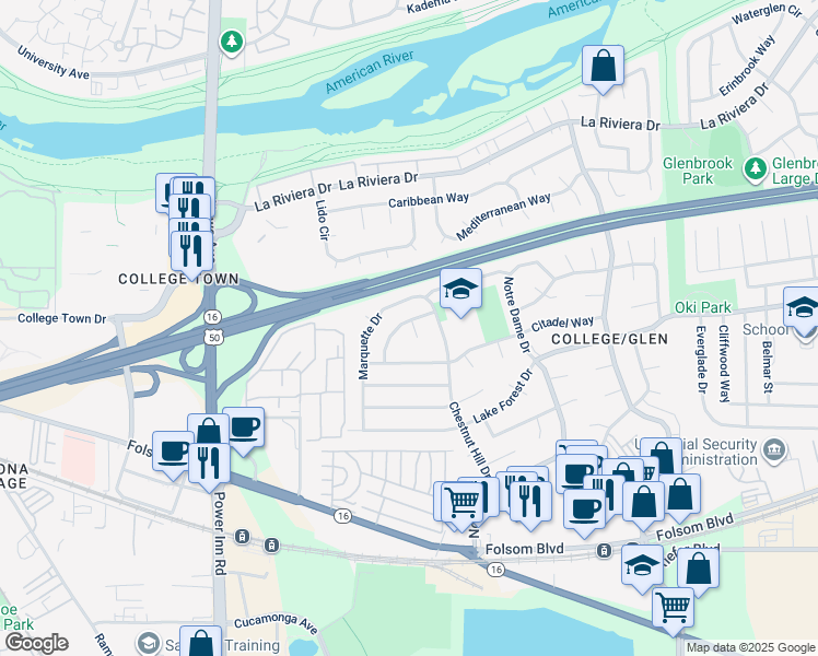 map of restaurants, bars, coffee shops, grocery stores, and more near 2600 Chestnut Hill Drive in Sacramento