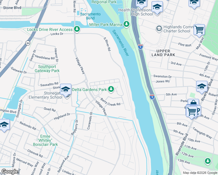 map of restaurants, bars, coffee shops, grocery stores, and more near 1300 Riva Drive in West Sacramento