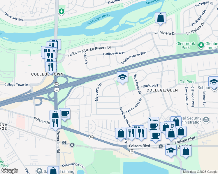 map of restaurants, bars, coffee shops, grocery stores, and more near 2600 Chestnut Hill Drive in Sacramento