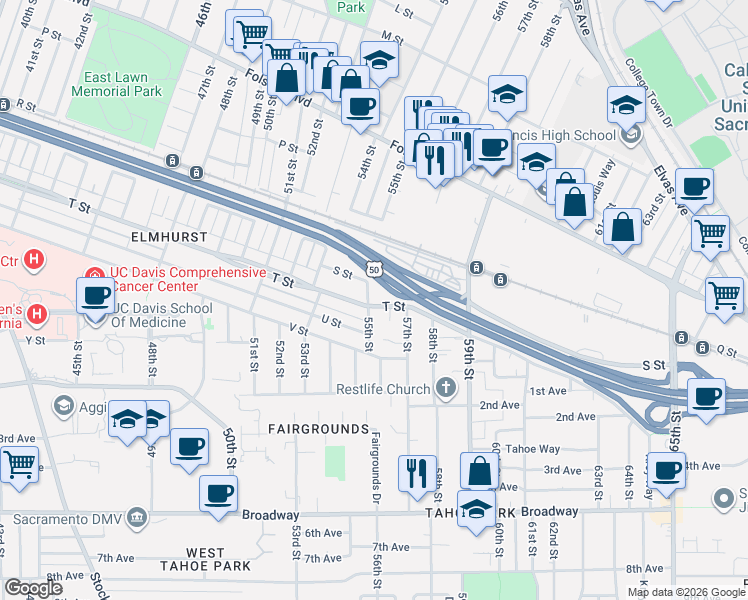 map of restaurants, bars, coffee shops, grocery stores, and more near 1909 55th Street in Sacramento