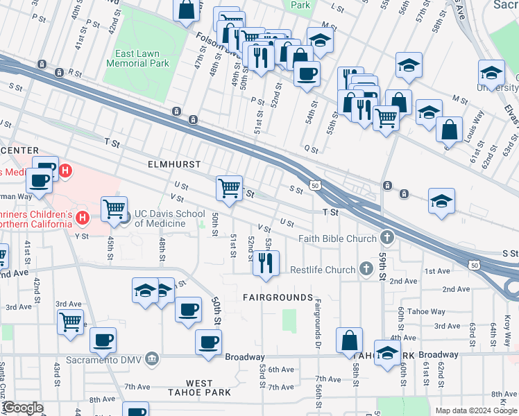 map of restaurants, bars, coffee shops, grocery stores, and more near 5128 T Street in Sacramento