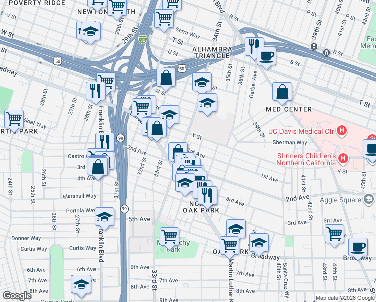 map of restaurants, bars, coffee shops, grocery stores, and more near 2541 34th Street in Sacramento