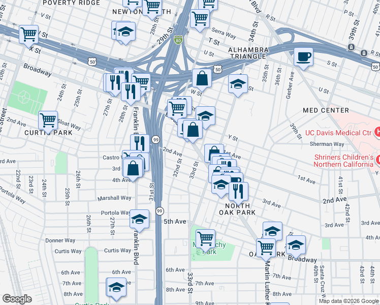 map of restaurants, bars, coffee shops, grocery stores, and more near 2605 32nd Street in Sacramento