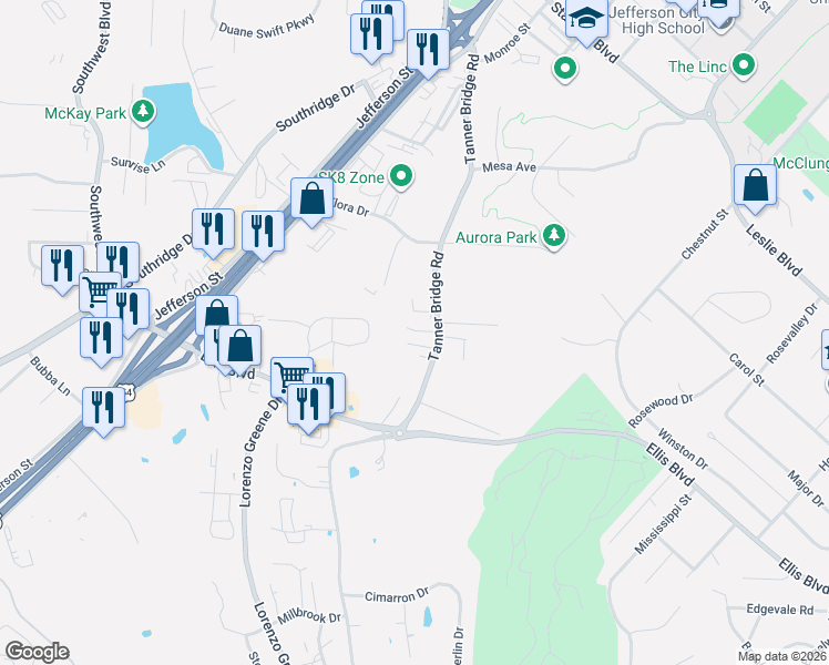 map of restaurants, bars, coffee shops, grocery stores, and more near 304 Tanner Bridge Court in Jefferson City