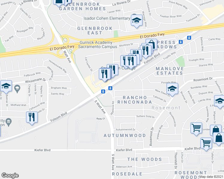 map of restaurants, bars, coffee shops, grocery stores, and more near Manlove Road in Sacramento