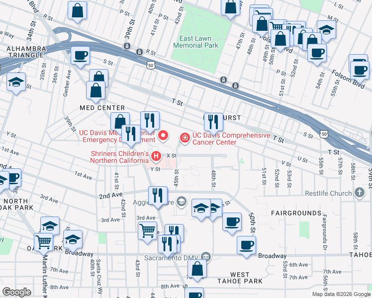 map of restaurants, bars, coffee shops, grocery stores, and more near 2279 45th Street in Sacramento