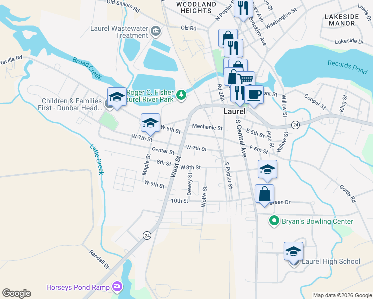 map of restaurants, bars, coffee shops, grocery stores, and more near 606 West Street in Laurel