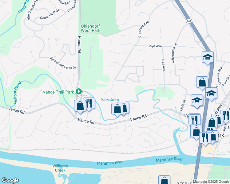 map of restaurants, bars, coffee shops, grocery stores, and more near 790 Eastwind Court in Valley Park