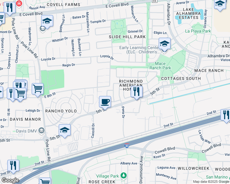 map of restaurants, bars, coffee shops, grocery stores, and more near 915 La Coruno Street in Davis