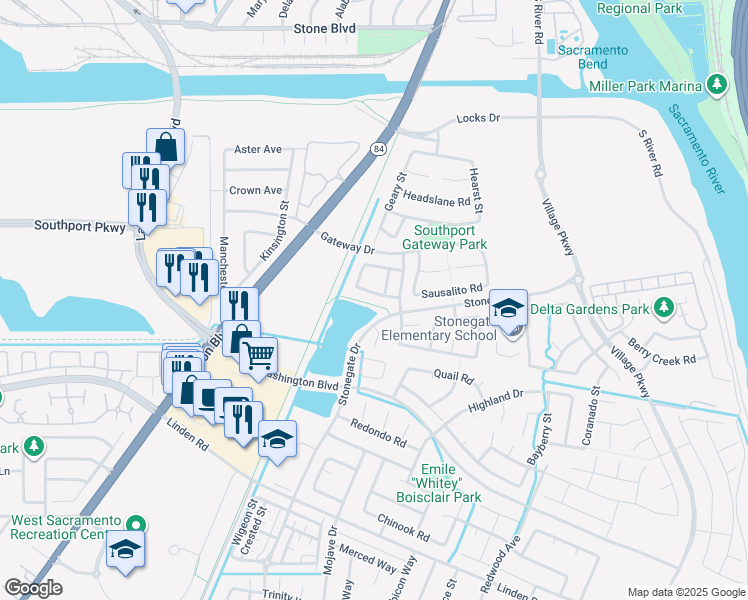 map of restaurants, bars, coffee shops, grocery stores, and more near 2392 Portola Street in West Sacramento