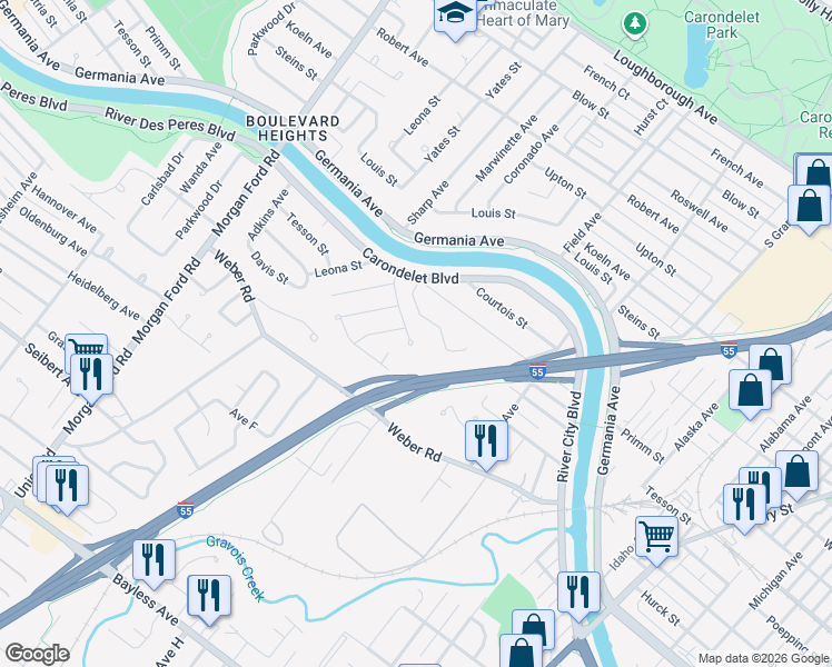 map of restaurants, bars, coffee shops, grocery stores, and more near 3837 Tesson Court in St. Louis