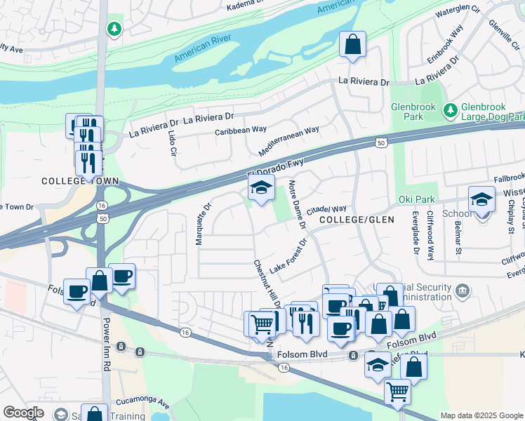 map of restaurants, bars, coffee shops, grocery stores, and more near 2635 Chestnut Hill Drive in Sacramento
