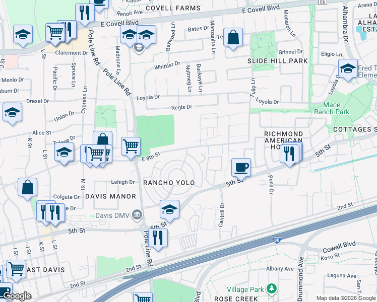 map of restaurants, bars, coffee shops, grocery stores, and more near 2306 East 8th Street in Davis