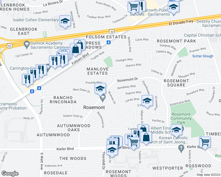 map of restaurants, bars, coffee shops, grocery stores, and more near 3291 Rosemont Drive in Sacramento