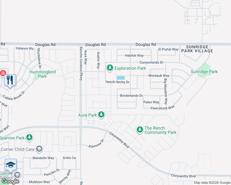 map of restaurants, bars, coffee shops, grocery stores, and more near 12205 Conservancy Way in Rancho Cordova