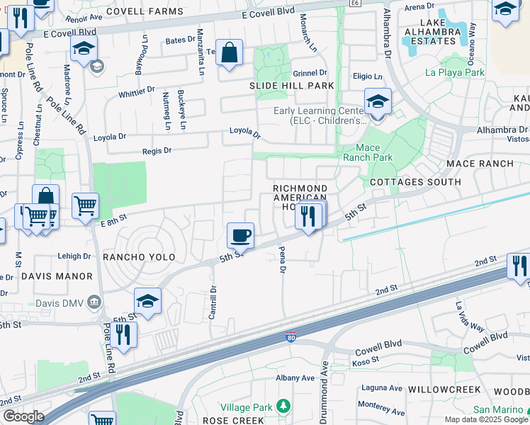 map of restaurants, bars, coffee shops, grocery stores, and more near 915 La Coruno Street in Davis