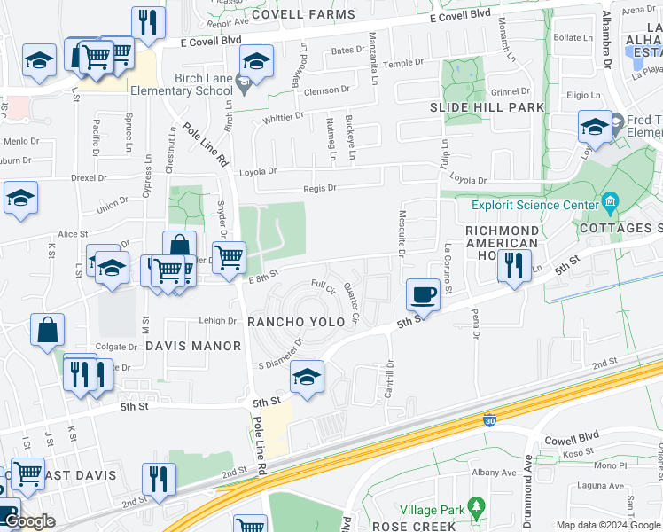 map of restaurants, bars, coffee shops, grocery stores, and more near 2219 East 8th Street in Davis