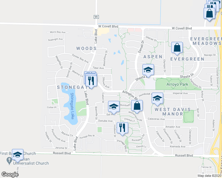 map of restaurants, bars, coffee shops, grocery stores, and more near 1310 Garrison Street in Davis