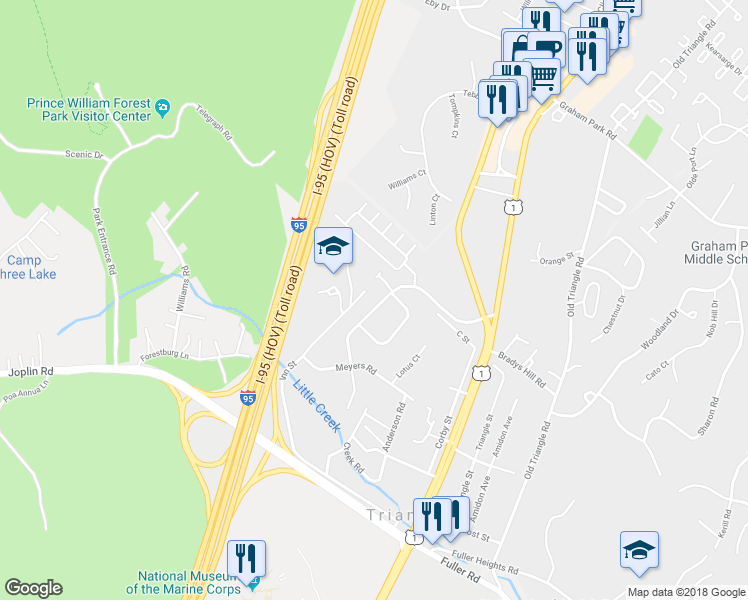 map of restaurants, bars, coffee shops, grocery stores, and more near 18486 Quantico Gateway Drive in Triangle