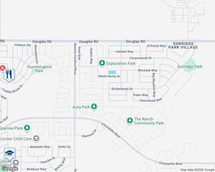 map of restaurants, bars, coffee shops, grocery stores, and more near 12205 Conservancy Way in Rancho Cordova