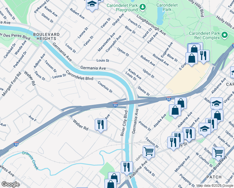 map of restaurants, bars, coffee shops, grocery stores, and more near 3713 Courtois Street in St. Louis
