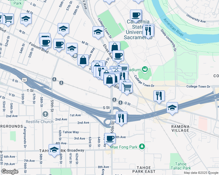 map of restaurants, bars, coffee shops, grocery stores, and more near in Sacramento