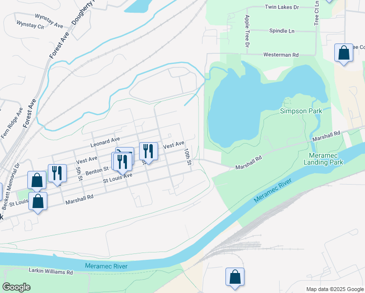 map of restaurants, bars, coffee shops, grocery stores, and more near 415 10th Street in Valley Park