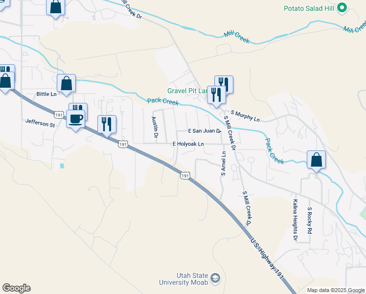 map of restaurants, bars, coffee shops, grocery stores, and more near 1122 East Holyoak Lane in Moab