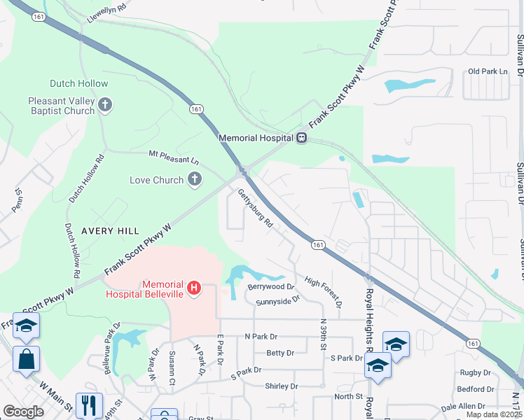 map of restaurants, bars, coffee shops, grocery stores, and more near 216 Gettysburg Road in Belleville