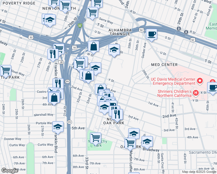 map of restaurants, bars, coffee shops, grocery stores, and more near 3439 1st Avenue in Sacramento