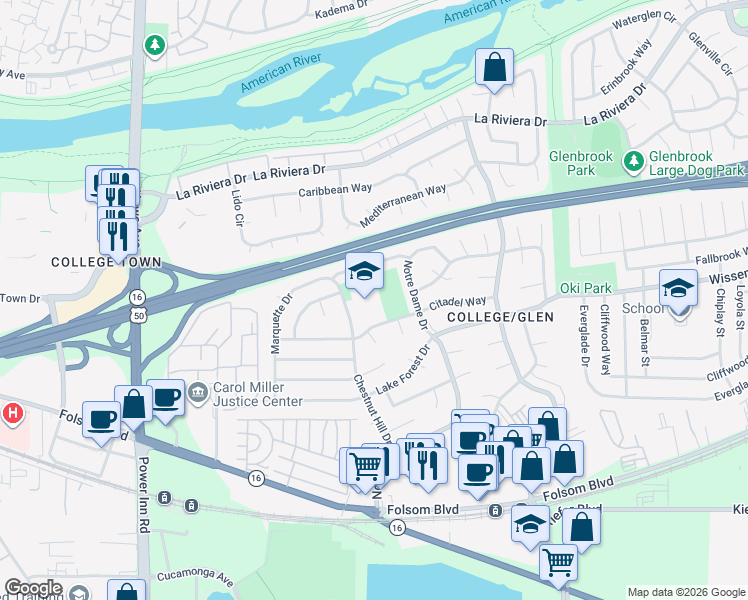 map of restaurants, bars, coffee shops, grocery stores, and more near 2635 Chestnut Hill Drive in Sacramento