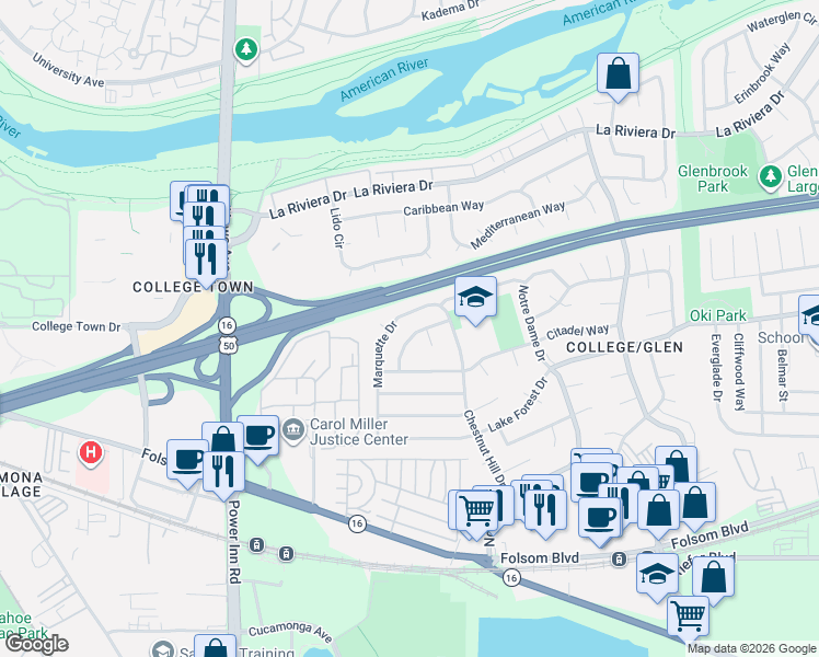 map of restaurants, bars, coffee shops, grocery stores, and more near 2631 Marquette Drive in Sacramento