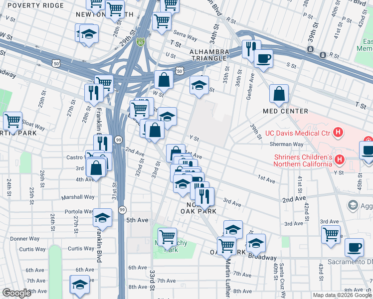 map of restaurants, bars, coffee shops, grocery stores, and more near 2541 34th Street in Sacramento