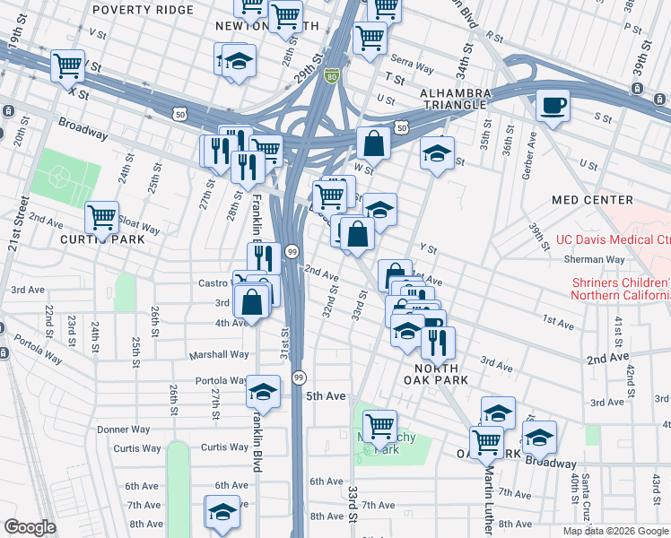 map of restaurants, bars, coffee shops, grocery stores, and more near 2605 32nd Street in Sacramento