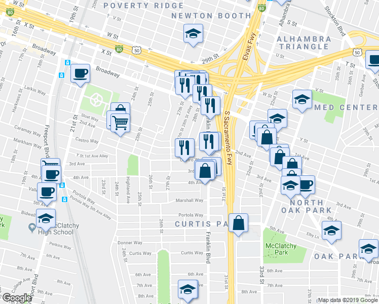 map of restaurants, bars, coffee shops, grocery stores, and more near 2801 2nd Avenue in Sacramento