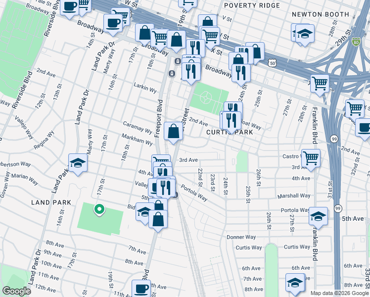 map of restaurants, bars, coffee shops, grocery stores, and more near 2151 Markham Way in Sacramento